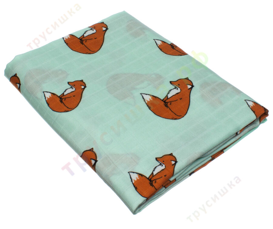 Муслиновая пеленка Лисичка на бирюзовом (бамбук-хлопок)