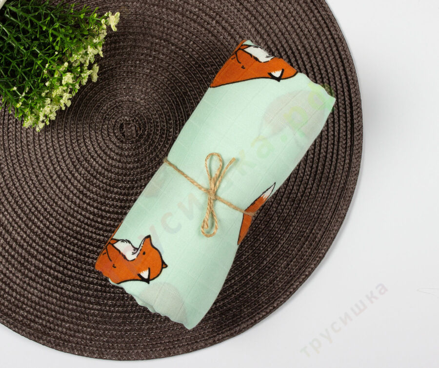 Муслиновая пеленка Лисичка на бирюзовом (бамбук-хлопок)