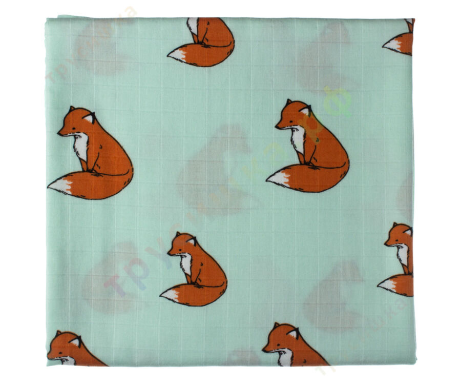 Муслиновая пеленка Лисичка на бирюзовом (бамбук-хлопок)