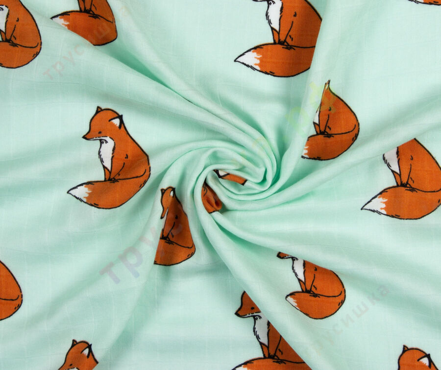 Муслиновая пеленка Лисичка на бирюзовом (бамбук-хлопок)