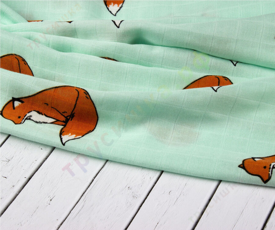 Муслиновая пеленка Лисичка на бирюзовом (бамбук-хлопок)