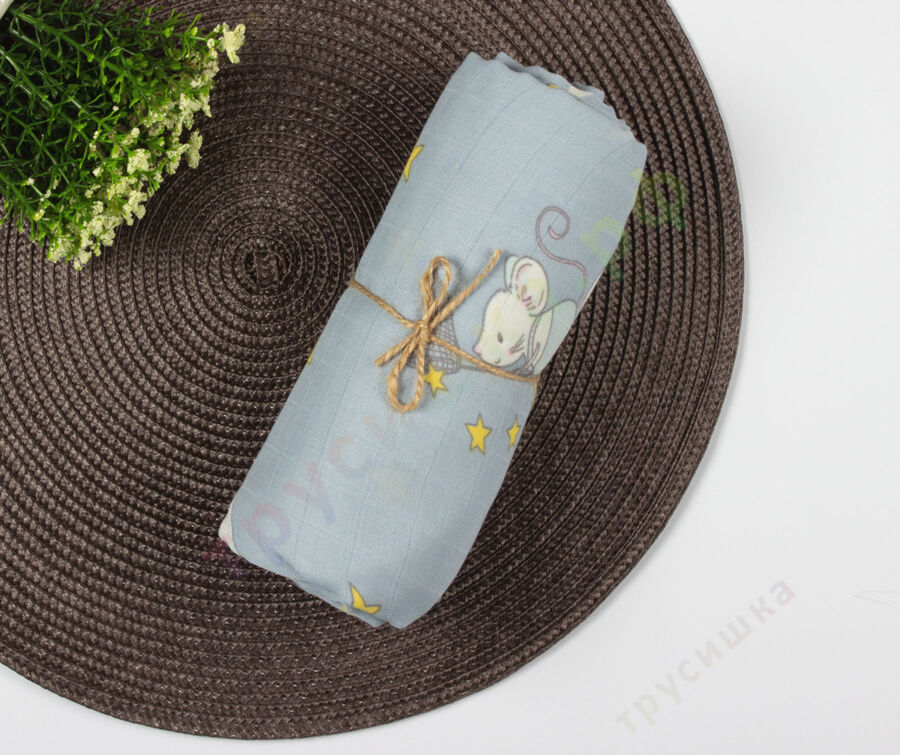 Муслиновая пеленка Мышонок и месяц (бамбук-хлопок)