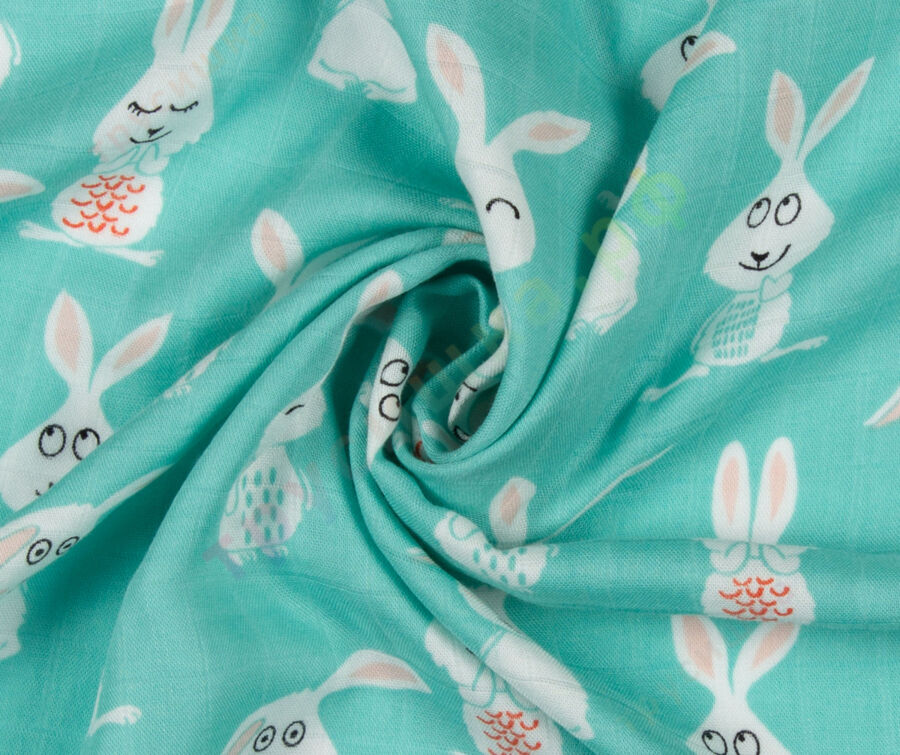 Муслиновая пеленка Зайчик на бирюзовом (бамбук-хлопок)