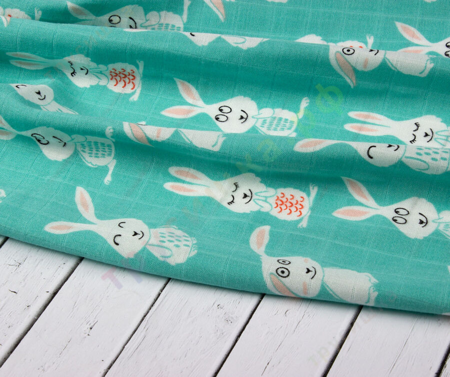 Муслиновая пеленка Зайчик на бирюзовом (бамбук-хлопок)