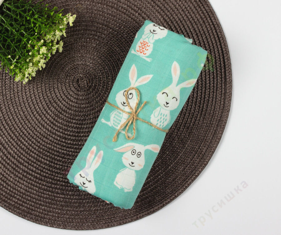 Муслиновая пеленка Зайчик на бирюзовом (бамбук-хлопок)