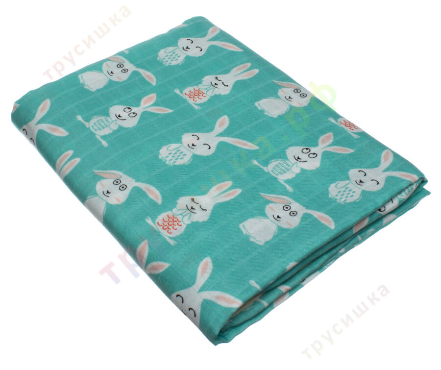 Муслиновая пеленка Зайчик на бирюзовом (бамбук-хлопок)