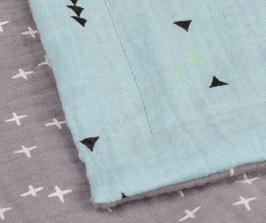 Муслиновый плед Крестики на сером/Елочки на голубом, 100 x 120 см, 4 слоя