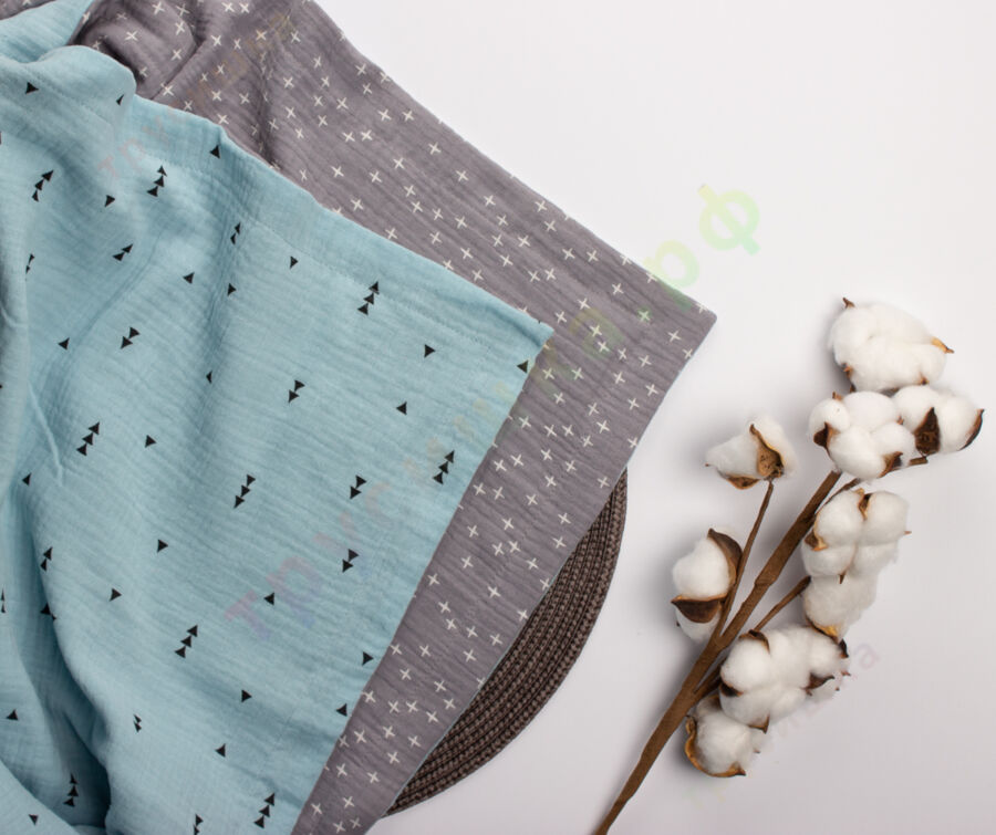 Муслиновый плед Крестики на сером/Елочки на голубом, 100 x 120 см, 4 слоя