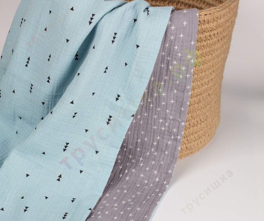 Муслиновый плед Крестики на сером/Елочки на голубом, 100 x 120 см, 4 слоя