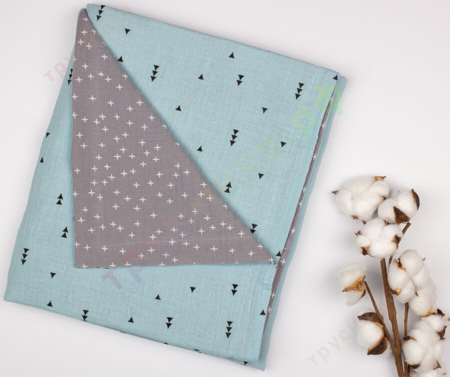 Муслиновый плед Крестики на сером/Елочки на голубом, 100 x 120 см, 4 слоя