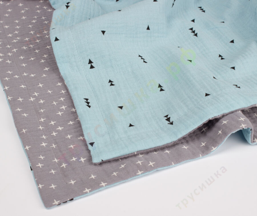 Муслиновый плед Крестики на сером/Елочки на голубом, 100 x 120 см, 4 слоя