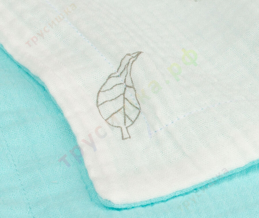 Муслиновый плед Листья на белом/Бирюза, 100 x 120 см, 4 слоя