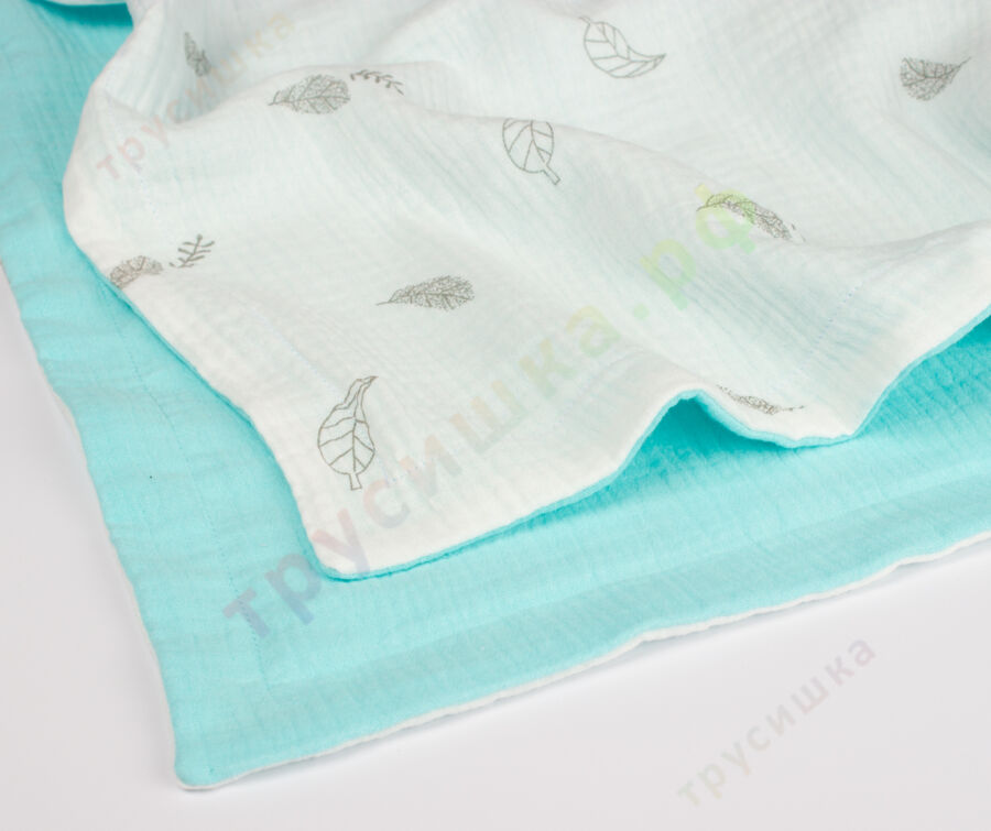 Муслиновый плед Листья на белом/Бирюза, 100 x 120 см, 4 слоя