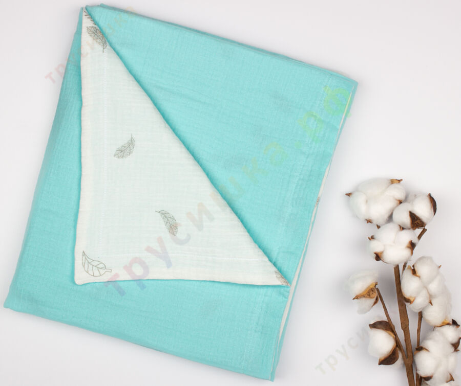 Муслиновый плед Листья на белом/Бирюза, 100 x 120 см, 4 слоя