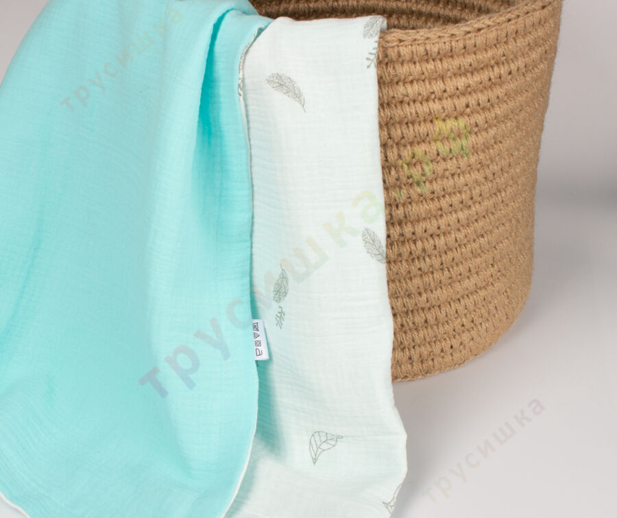 Муслиновый плед Листья на белом/Бирюза, 100 x 120 см, 4 слоя