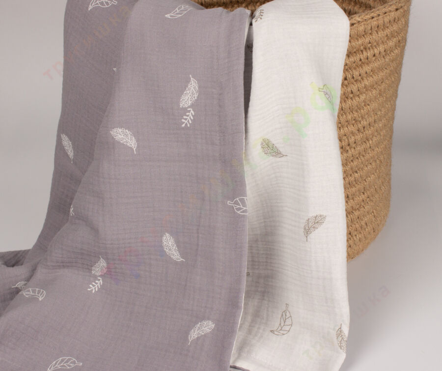 Муслиновый плед Листья на белом/Листья на сером, 100 x 120 см, 4 слоя