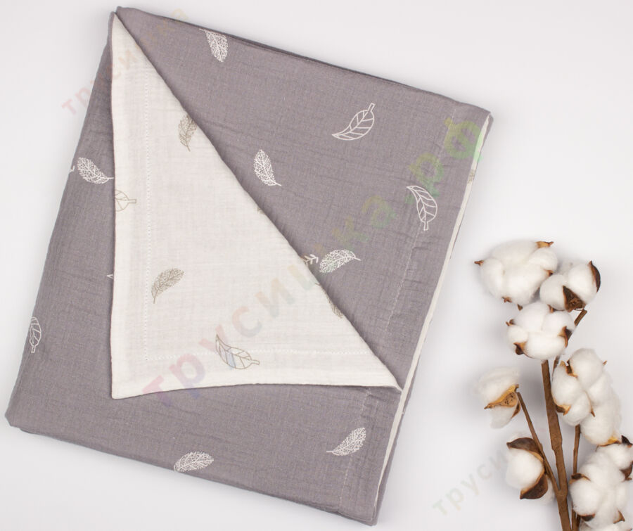 Муслиновый плед Листья на белом/Листья на сером, 100 x 120 см, 4 слоя