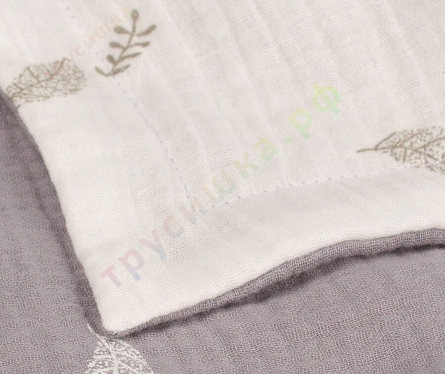 Муслиновый плед Листья на белом/Листья на сером, 100 x 120 см, 4 слоя