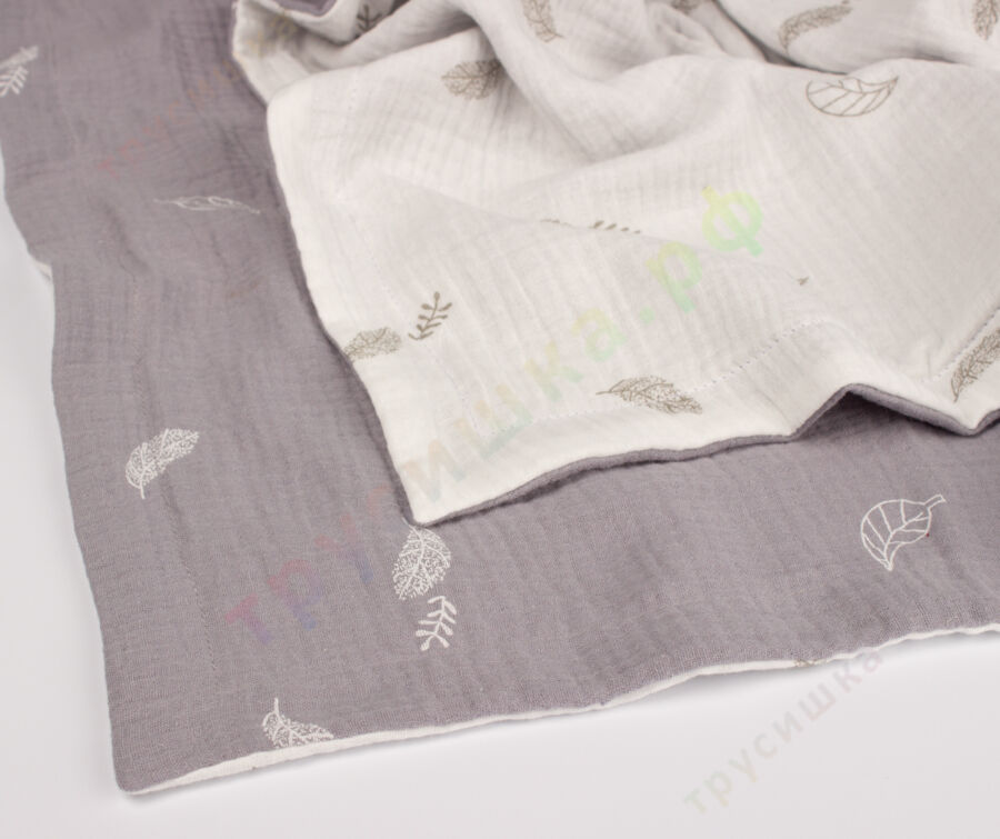 Муслиновый плед Листья на белом/Листья на сером, 100 x 120 см, 4 слоя