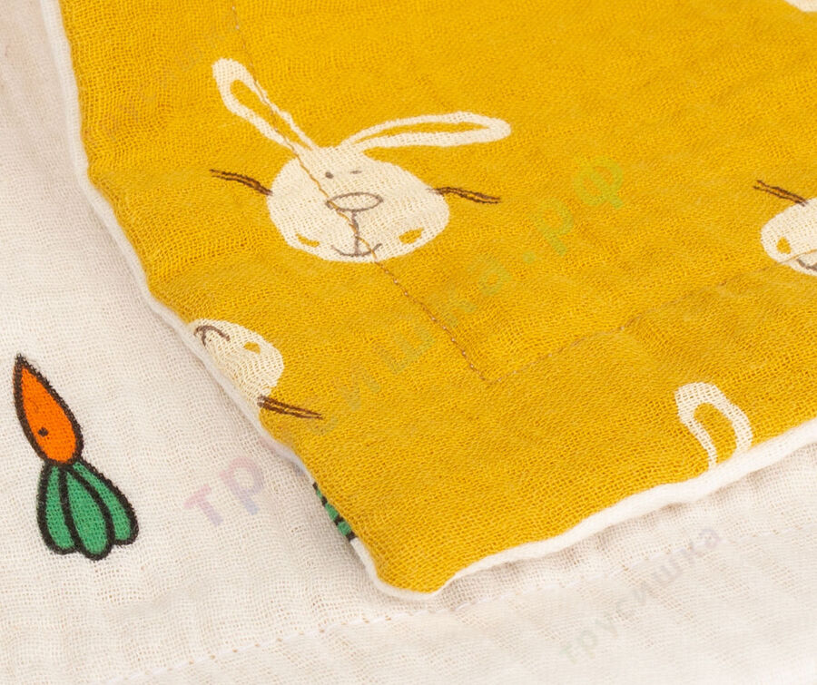Муслиновый плед Зайцы на горчичном/Морковки, 100 x 120 см, 4 слоя