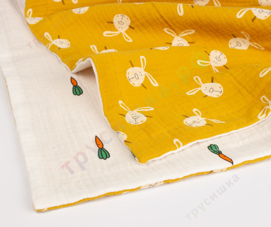 Муслиновый плед Зайцы на горчичном/Морковки, 100 x 120 см, 4 слоя