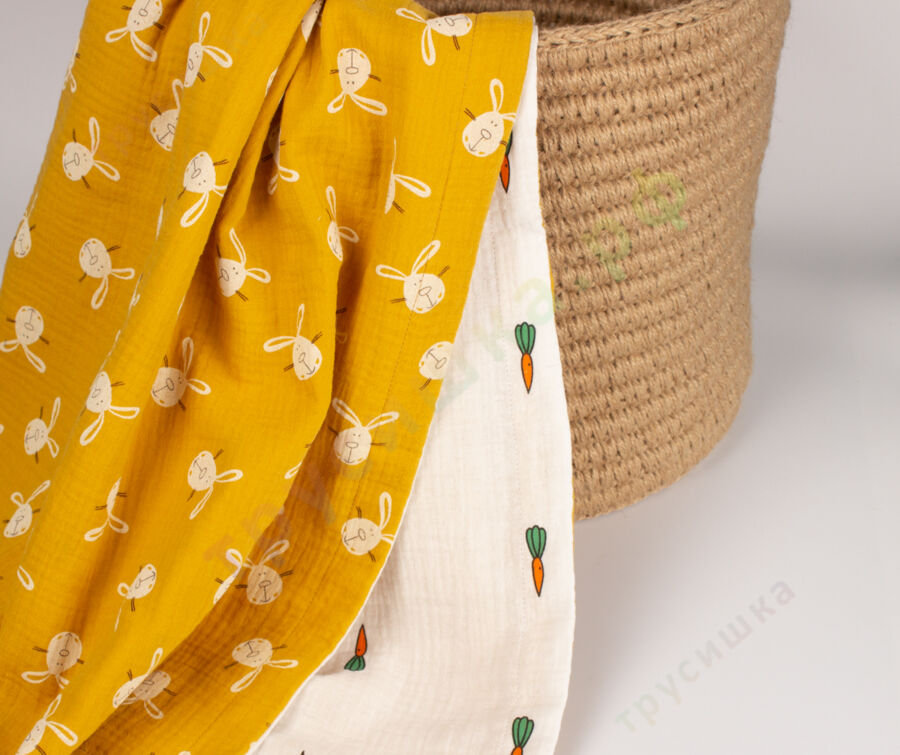 Муслиновый плед Зайцы на горчичном/Морковки, 100 x 120 см, 4 слоя