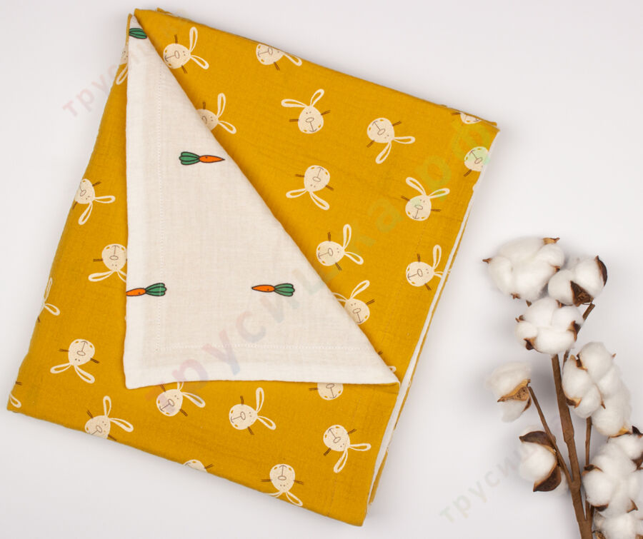 Муслиновый плед Зайцы на горчичном/Морковки, 100 x 120 см, 4 слоя