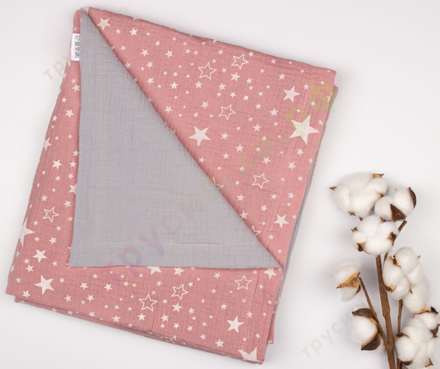 Муслиновый плед Звезды на пудре/Серый, 100 x 120 см, 4 слоя